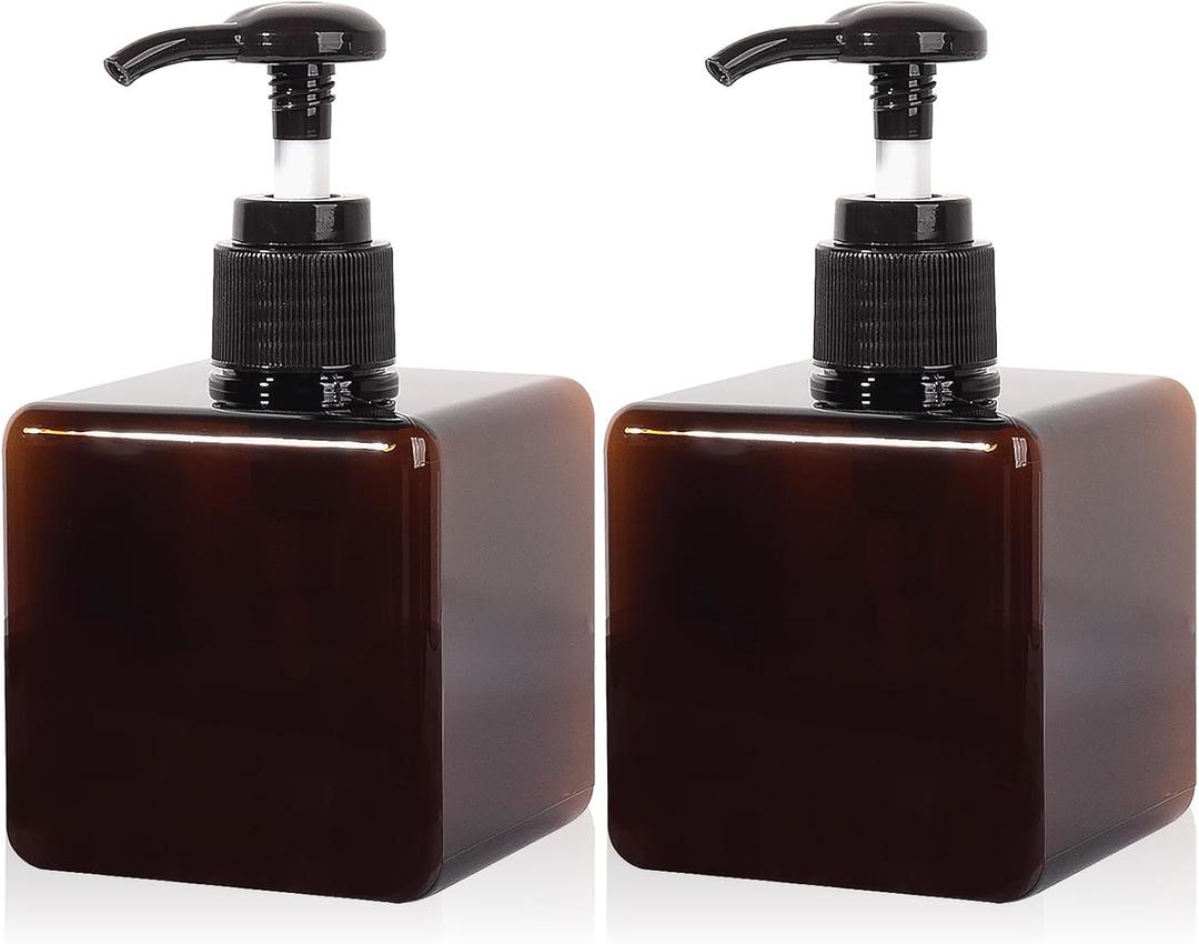 Pump Bottle, Refillable Plastic Empty Lotion Soap Dispenser Liquid Container for Bathroom Shampoo and Body Wash, 8.5oz/250ml, Amber, 2 Pack