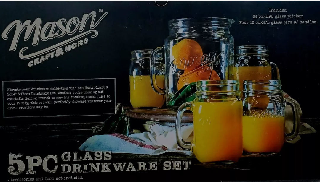 New In Box Mason Jar Drink Set Of 5 Pitcher And Glasses