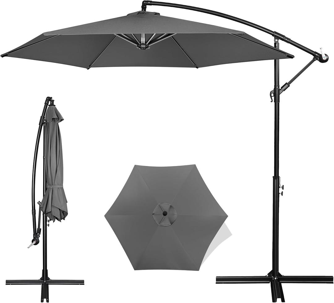 FRUITEAM Offset Patio Umbrella, 10 FT Heavy Duty Cantilever Outdoor Umbrella with High-Strength Frame & Infinite Tilt, All-Weather UV Protection Sun Shade for Poolside, Garden, Backyard (Grey)