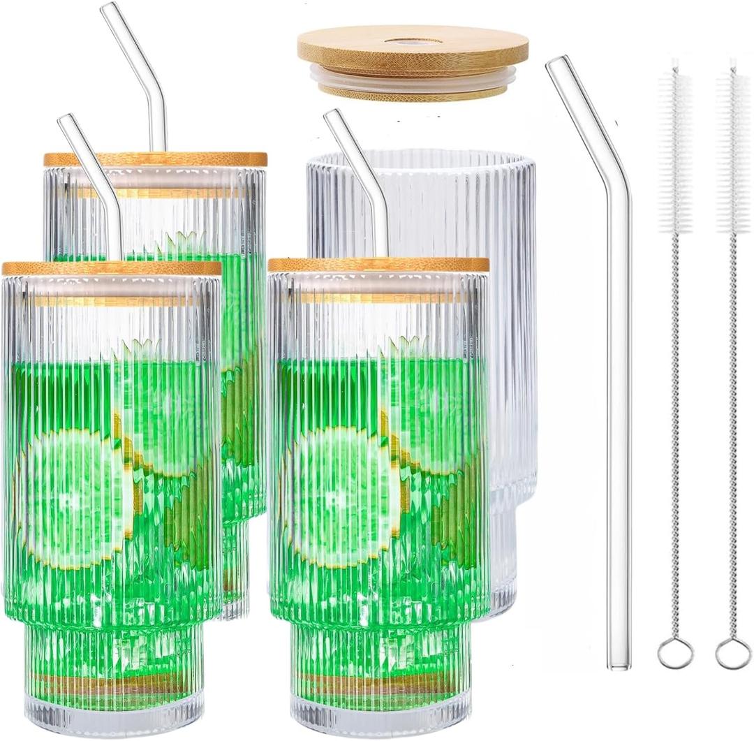 16 OZ Glass Cups with Lids and Straws, Vintage Ribbed Coffee Cups Drinking Glasses, Beer Glasses, Iced Coffee Glasses, Cute Tumbler Cup, Ideal for Whiskey,Cocktail,Wine (4 Pack)