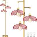 QIYIZM Pink Floor Lamp for Living Room,Bedroom,Gold Mid Century Modern Standing Lamp Brass Tree 3 Light Tall Floor Lamps Vintage Retro Floor Lights Glass Flower Lamp Shade Farmhouse Boho Bohemian