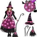 Spooktacular Creations Halloween Witch Costume Kids, Light Up Witch Dress with Hat and Broom for Girls, Toddlers Bat Outfit Set for Halloween Costumes Role Play Parties, Pink (Small(5-7 yrs))