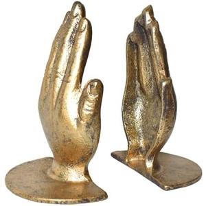 JUCONSIN Hands Bookends, Prayer Hand Decorative Bookends Unique Gold Book Ends Heavy Duty Cast Iron Bookends for Shelves Decorative