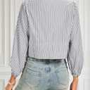 LUXEBOLD Womens Tops Cute Tie Front Striped Blouses Dressy Casual V Neck Shirts Long Sleeve Crop Tops Summer Black L (L)