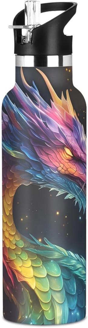 Dragon Galaxy Colorful Water Bottles for Boys Kids Stainless Steel Bottle Cups with Straw Lid Leakproof Insulated Flask Jug 20 oz