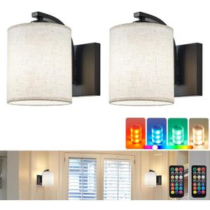 Battery Operated Wall Sconce Set of 2, Black Cordless Rechargeable Wall Sconces with Dimmable LED Bulb, 13 Colors Wall Lights for Bedroom Living Room Hallway