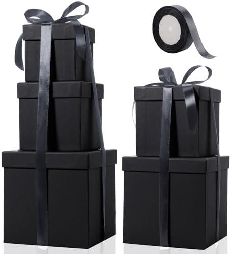 Cholemy 4 Pcs Square Nesting Boxes Decorative Gift Boxes with Lid and Ribbon Assorted Sizes Wrap for St. Patrick's Day, Carnival, Anniversary, Birthday, Bridal Shower Party Gifts(Black)