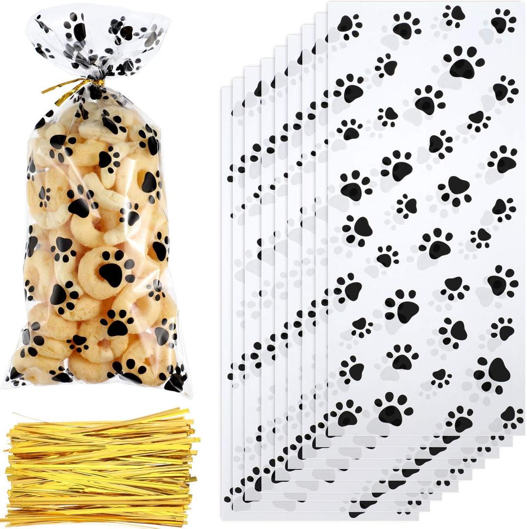 Boao 150 Pcs Dog Pet Paw Print Cellophane Bags Treat Gift Candy Cookie Bags with 150 Pieces Twist Ties for Dog Party Favor Decorations(Black)