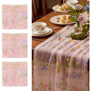 Pink Floral Table Runner 10ft Embroidery Tulle Spring Wildflower Table Runner Seasonal Summer Butterfly Kitchen Dining Gauze Decoration for Wedding Baby Shower Birthday Party (3 Pcs)