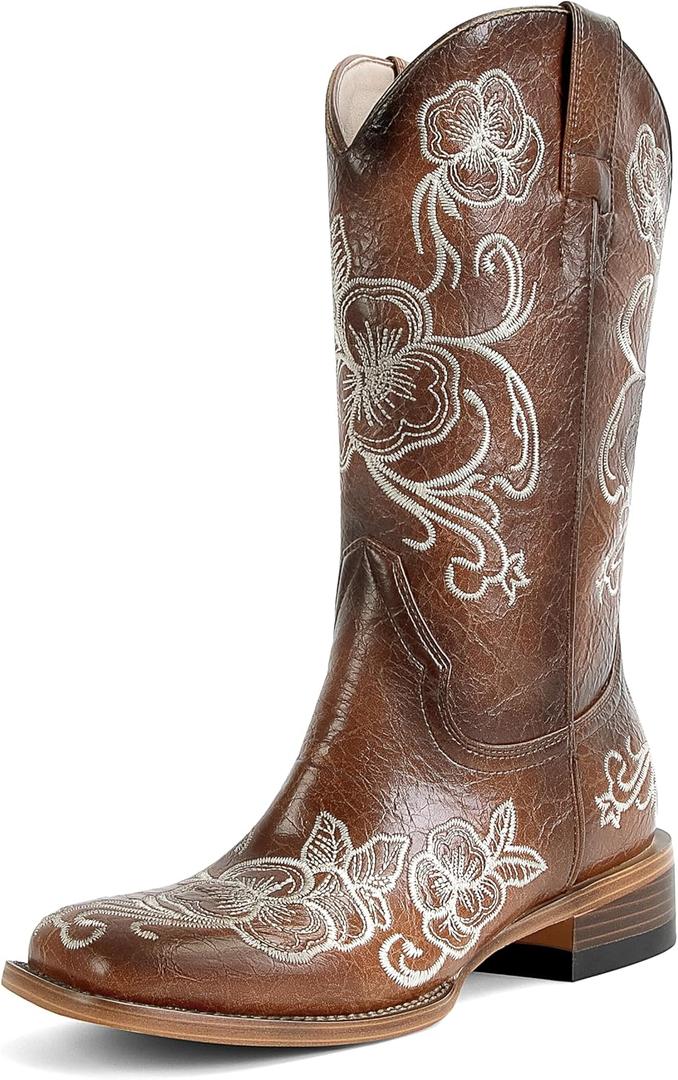 Cowboy Boots For Women Floral Embroidered Western Boots with Chunky Heel Mid Calf Broad Square Toe Cowgirl Boots for Country Music and Concert, Size: 7.5