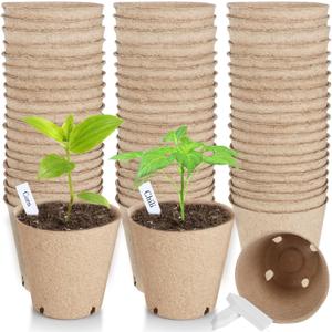 65 Pcs Organic Peat Pots, 3.15 Inch Nursery Pot, Round Plant Seedling Pots with Drainage Holes, Small Seed Starting Starter Tray Bulk, Garden Germination Container with 65 Planting Labels
