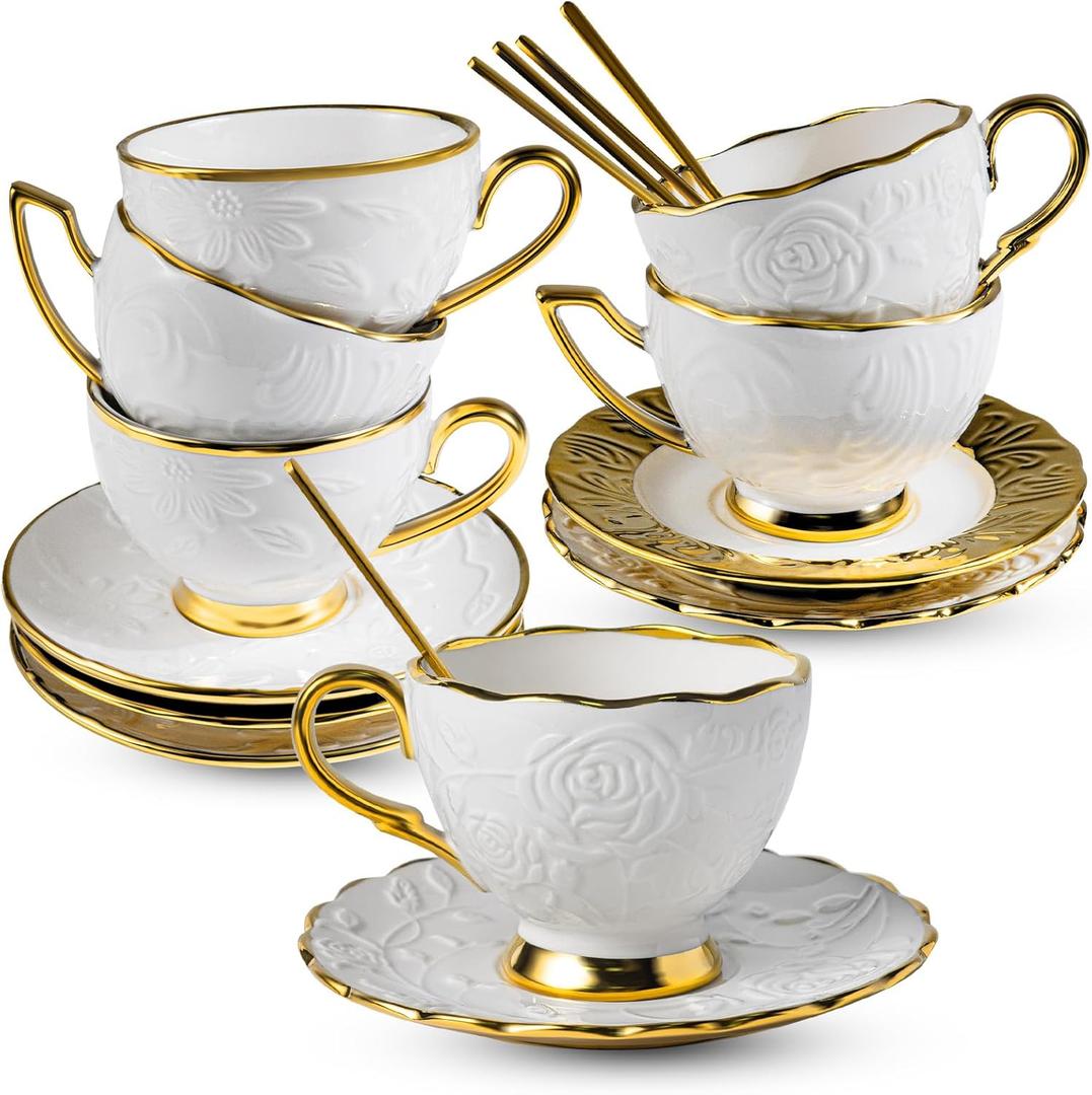 Cappuccino Cups with Saucers Set of 6, 7 OZ Ceramic Coffee Cup Set, Double Espresso Cups with Gold Trim Raised Floral Motif Tea Cup and Saucer Set for Latte, Cafe, Valentine's Day Gifts