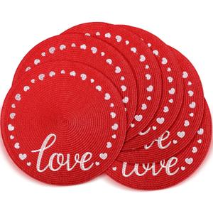 Remerry Valentine's Day Placemats Set of 6 Love Embroidered Round Placemats Round Braided Place Mats Decorative Dinner Table Mats for Valentine's Day Holiday Kitchen Dining Table Decoration