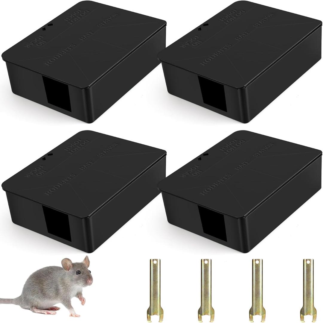 4 Pack Rat Bait Stations with key - Reusable Rodent Station for Indoor Outdoor Garden Warehouse Garage, WeatherResistant Mouse Station Box to Fix Bait Block Keep Rat Away Pets Safe, Dual-Entry Tunnel