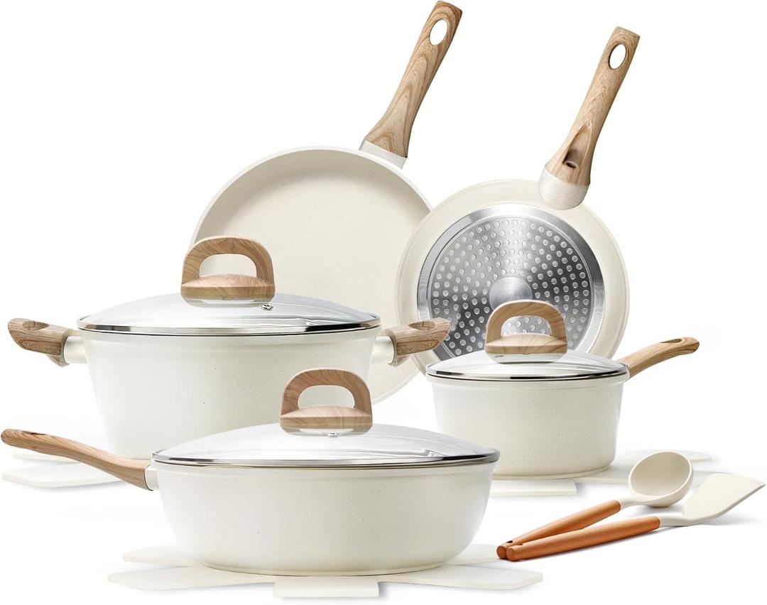 14 Pcs Pots and Pans Set, Nonstick Cookware Sets, Granite Induction Cookware Non Stick Cooking Set with Frying Pans, Saucepans, Saute Pan, Extra Large Casserole, PFAS PTFE PFOA PFOS Free (14-Piece (Cream White))