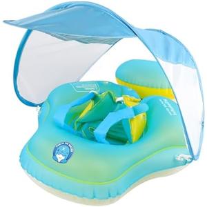 INFLATEFLY Baby Pool Float with Sun Canopy Inflatable Toddler Swimming Float with Anti-Backflip Tail Infant Pool Floaties for Ages of 6-30 Months