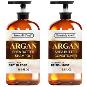Essentially KateS Argan Shea Butter Shampoo and Conditioner Infused with Rose Extract 16 Fl Oz Set, Pack of 2 - Long Lasting Moisturizing Effect - Curly and Wavy Hair