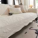 vctops Cotton Quilted Couch Cover Farmhouse Counrty Floral Embroidered Sofa Cover Non Slip Soft Scalloped Sofa Slipcover Washable Furniture Protector for Dog Pet Cat (Cream,28"x70")