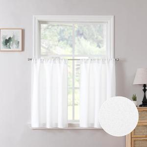 Tollpiz Linen Tier Curtain Rod Pocket Semi Sheer Half Kitchen Curtains Burlap Light Filtering Thick Linen Drape for Bathroom, 30 x 36 inches Long, White, Set of 2 Panels