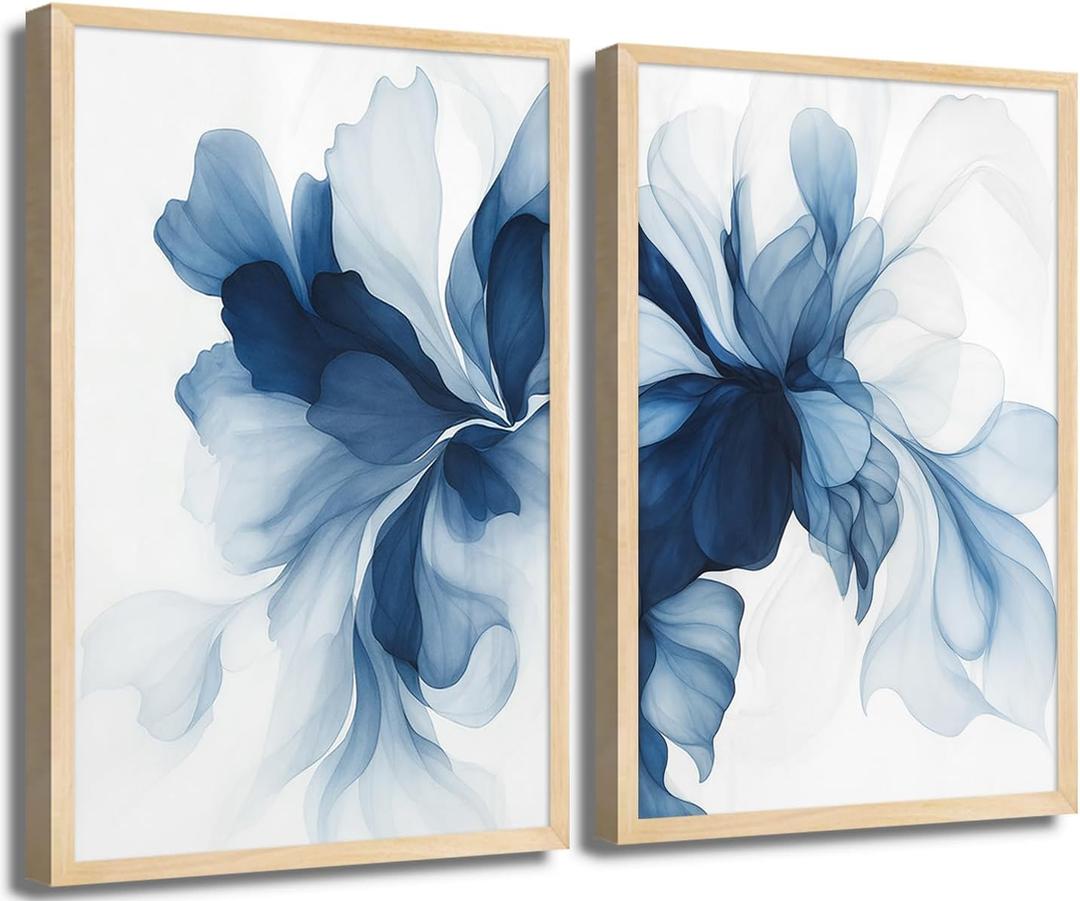 2Pcs Unframed Navy Blue Abstract Wall Art Modern Minimalist Floral Poster Prints Grace Flower Wall Decor Pictures for Living Room Bedroom Office Decorations