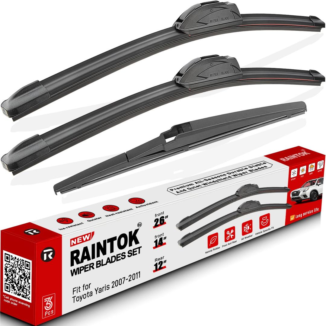 RAINTOK Windshield Wiper Blades Replacement for Toyota Yaris 2007 2008 2009 2010 2011 Original Factory Quality Front Rear Wipers Blade Set for My Car - 26" 14" 12" (Pack of 3)