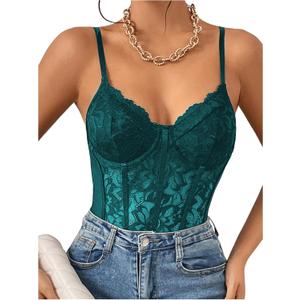 Milumia Women's Sexy Sheer Mesh Lace Bodysuit Spaghetti Strap Bustier Corset Tops Rave Party Club (Medium, Teal Blue)
