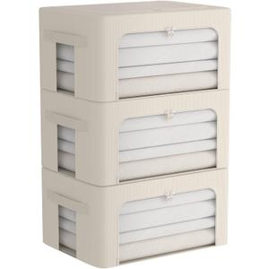 3Pack Frame Storage Box - Clothes Storage Bin Bags Oxford Fabric Foldable Stackable Container Organizer Set with Clear Window & Carry Handles (Beige, Medium-44L)