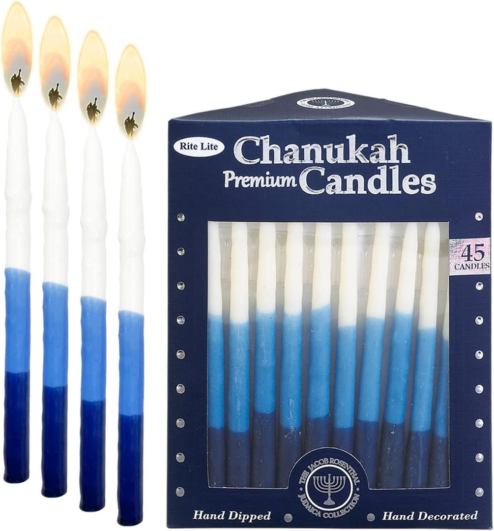 Rite Lite Premium Dripless Blue & White Hanukkah Candles - Tri Color Bulk Pack of 45 - Decorative & Fits Most Menorahs Jewish Holiday Party Favors Accessories Decorations for All 8 Nights of Chanukah