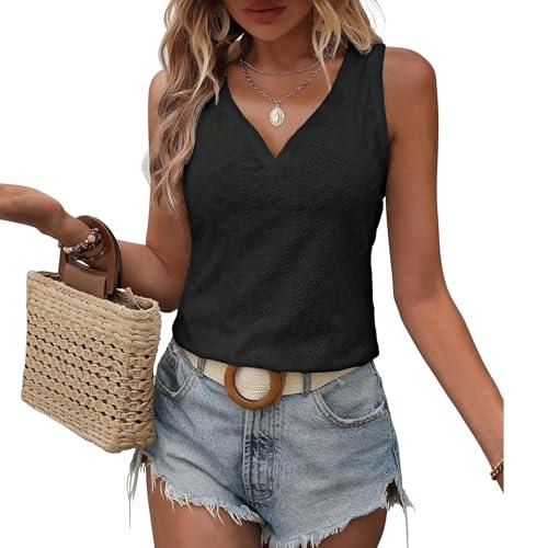 Womens Tank Tops Summer Tank Tops for Women 2025, V Neck Sleeve Embroidery Tops, Casual Loose Trendy Tops 2 XL, Black 
