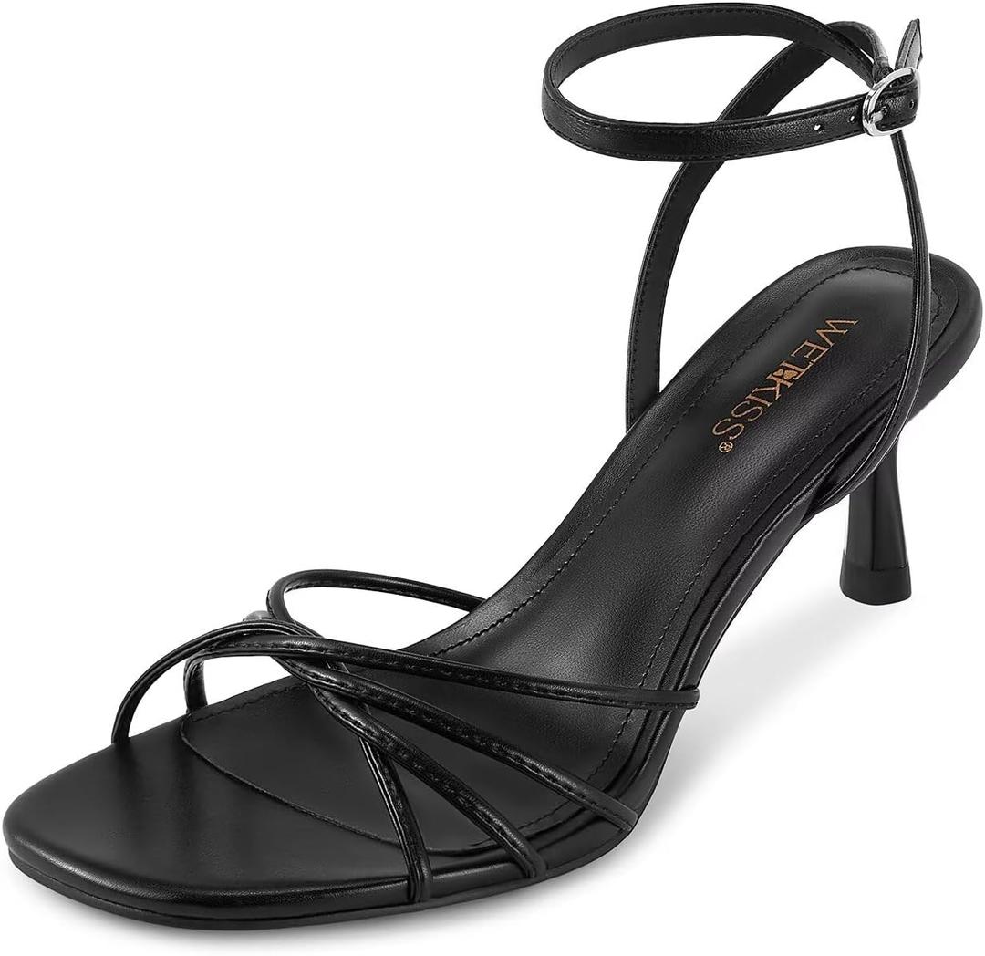 wetkiss Women's Round Open Toe Kitten Heel Ankle Strap Sandals (6, Black)