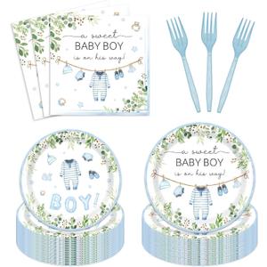 96PCS Boy Baby Shower Party Decoration A Sweet Boy Is On His Way Paper Plates Napkins Disposable Tableware Greenery Baby Shower Party Supplies for Boys Serve 24