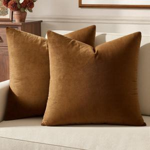 MIULEE Velvet Throw Pillow Covers 24x24 Inch, Pack of 2 - Golden Brown, Super Soft Euro Decorative Square Pillows Modern Luxury Home Decor for Bed, Sofa, Couch, Living Room