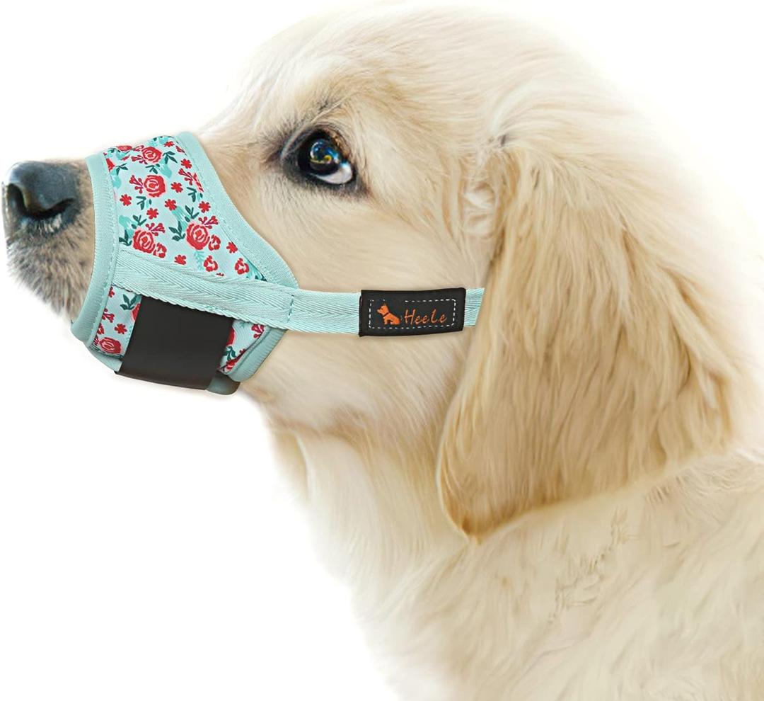 HEELE Dog Muzzle,Soft Nylon Muzzle Anti Biting Barking Chewing,Air Mesh Breathable Drinkable Adjustable Loop Pets Muzzle for Small Medium Large Dogs 4 Colors 4 Sizes (P-Cyan Flower, L)