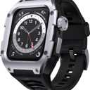 GELISHI Band Compatible with Apple Watch Band 45mm Series 9/Series 8 7, Men Rugged Case Bumper Stainless Metal Cover with Heavy Duty Band Sport Strap Shockproof, Silver