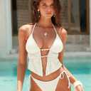 ZAFUL Halter Swimsuits for Women Textured Backless 2 Piece Bathing Suits Cheeky High Cut String Tie Side Bikini Sets (White, L)