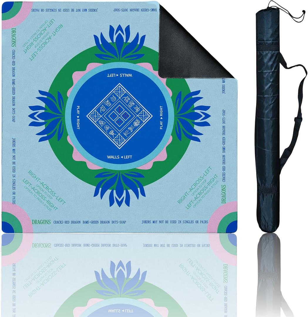 Mahjong Mat with Tech Velvet, Machine Washable, Noise Reduction,Anti Slip, and Crease-Free, Soft Touch, Game Rule, with Carrying Bag: 32.4 Inch Game Mat for Poker, Board, Tile, and Dominoes (L-Blue)