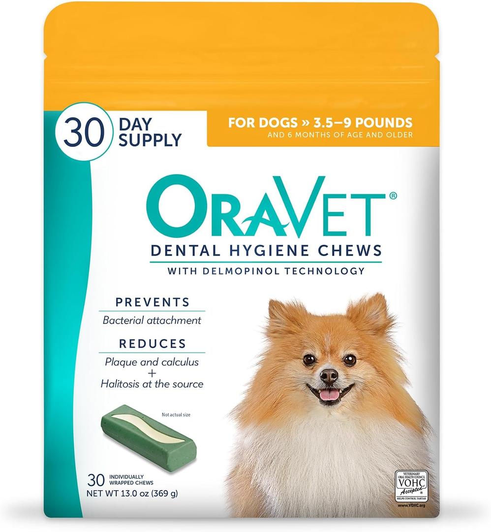 OraVet Dental Chews for Dogs, Oral Care and Hygiene Chews (Extra Small Dogs, 3.5-9 lbs.) Yellow Pouch, 30 Count (EXP 04/19/26)