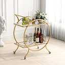 LORMITER Gold Bar Carts for The Home Bar Serving Cart, Rolling Bar Cart Gold with Lockable Caster Wheels, Glass Bar Carts with 2 Mirrored Shelves, Storage Round Wine Carts for Kitchen, Party
