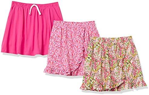 Amazon Essentials Girls' Knit Skorts with Elastic Waist and Built-in Breathable Shorts, Pack of 3, Pink Floral, X-Small