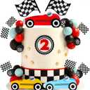 Race Cake Toppers with Acrylic Red Yellow Blue Car Black Red Blue Balls Flags Set for Birthday Party