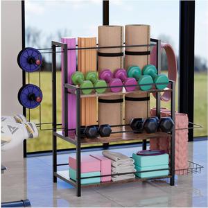 HOYRR Home Gym Storage, 3 Tier Home Gym Storage Rack, Weight Rack for Home Gym, 1 Storage Baskets and 2 Hooks, Suitable Home Dumbbells Kettlebells Yoga Mats Resistance Bands