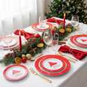 Rubtlamp 125Pcs Christmas Plastic Plates, Plastic Red Plates with Snow Christmas Tree, christmas Dinnerware Disposable Include 25 Party Red Dinner Platos,25 Fancy Salad plate,75 Gold Cutlery