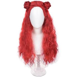 Tongtta Long Wavy Red Heat Resistant Synthetic Cosplay Wig with Braided Buns Halloween Costume Women Wig for Party (24 Inch), Pack of 3