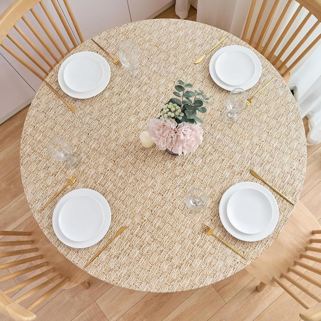 NLMUVW Round Fitted Vinyl Tablecloth with Elastic Edge 100% Waterproof Oil Proof PVC Table Cloth Wipe Clean Table Cover for Indoor and Outdoor, Wood Check, 45"- 56"