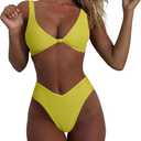 Geluboao Bikini Set for Women Solid V Neck Knot Front Push Up High Leg Thong Two Piece Swimsuit (Yellow, L)