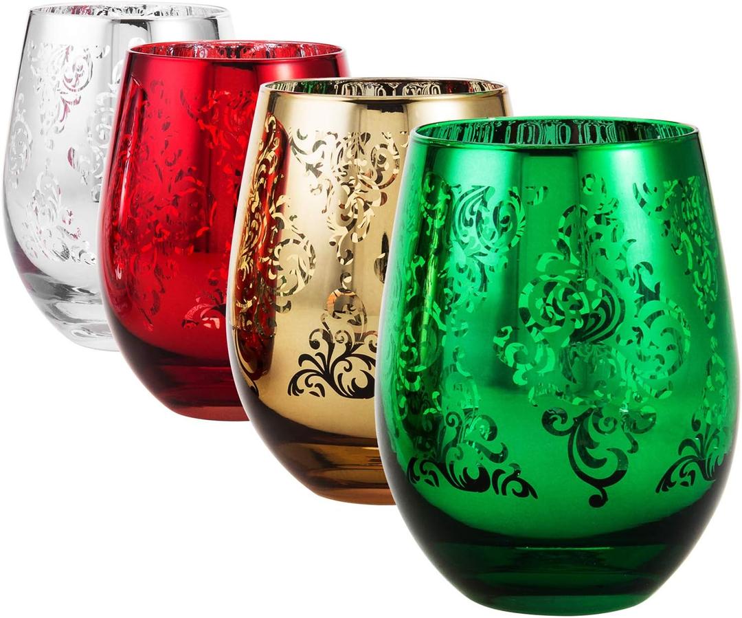 MyGift 4 Piece Stemless Glassware Set, Multicolor Wine Glasses with Etched Baroque Pattern in Mirror Plated Gold Silver Red Green Colors, 16 oz Capacity