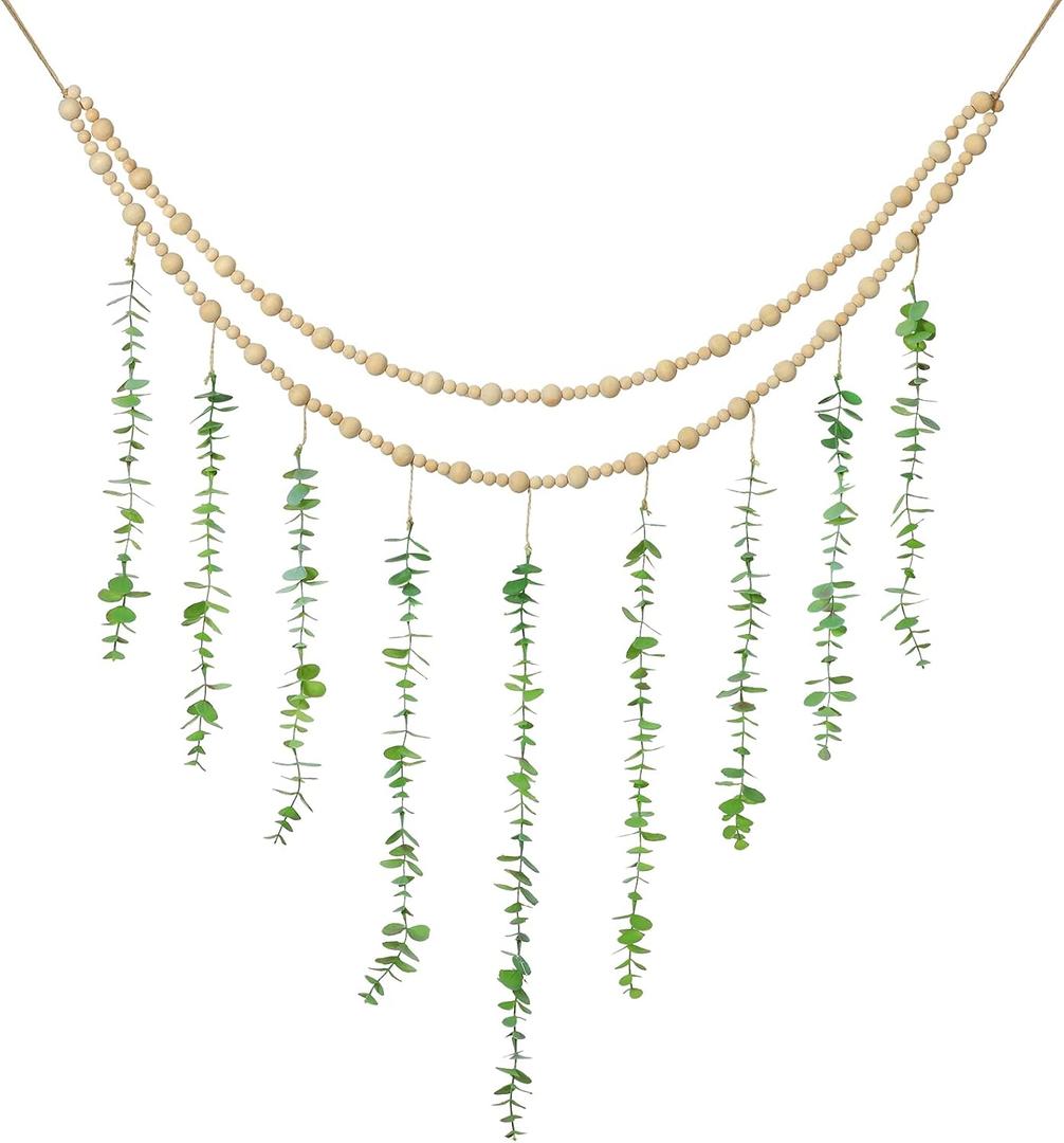 Hanging Eucalyptus Boho Wall Decor Large Boho Bedroom Wall Hanging Wooden Bead Garland Artificial Eucalyptus Natural Greenery Decoration, 36 x 36 Inch