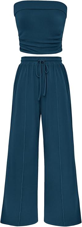PRETTYGARDEN Womens Summer Outfits 2 Piece Sets Casual Ribbed Knit Crop Tube Top Wide Leg Pants Spring Matching Lounge Set(Dark Blue, Small)