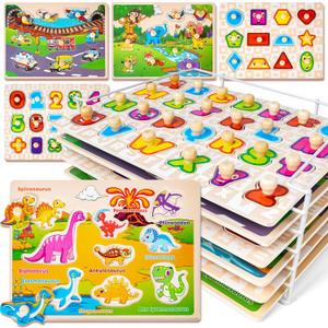 SYNARRY Wooden Puzzles for Toddlers 1-3, 6XSET Puzzles for Toddlers 2-4 with Rack, Learning Alphabet Number Shape Animal Dinosaur Vehicle, Toddler Easter Basket Stuffers Gifts Toys for Boys Girls