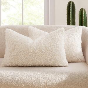 MIULEE Pack of 2 Lumbar Faux Fur Throw Pillow Covers 12x20 Inch Neutral White Boucle Decorative Sherpa Pillow Covers Fuzzy Accent Soft Sheepskin Fleece for Boho Home Decor Sofa Living Room Bed Chair